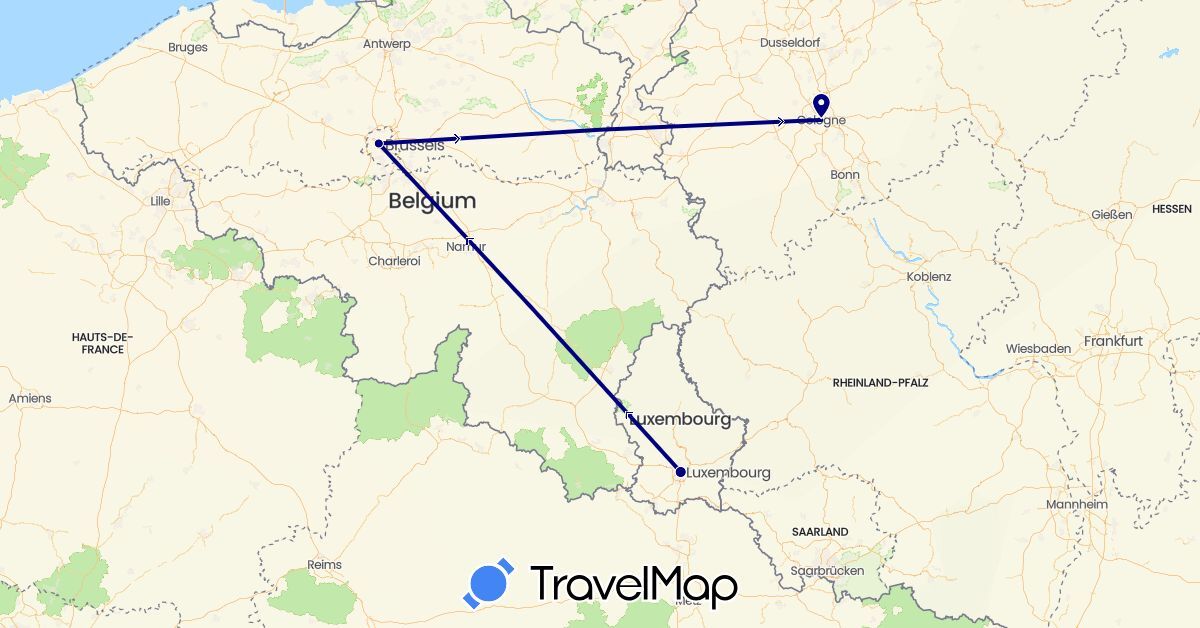TravelMap itinerary: driving in Belgium, Germany, Luxembourg (Europe)